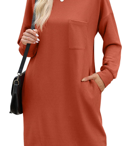 WIHOLL Fall Long Sleeve Mini Dress with Pockets Caramel Size L