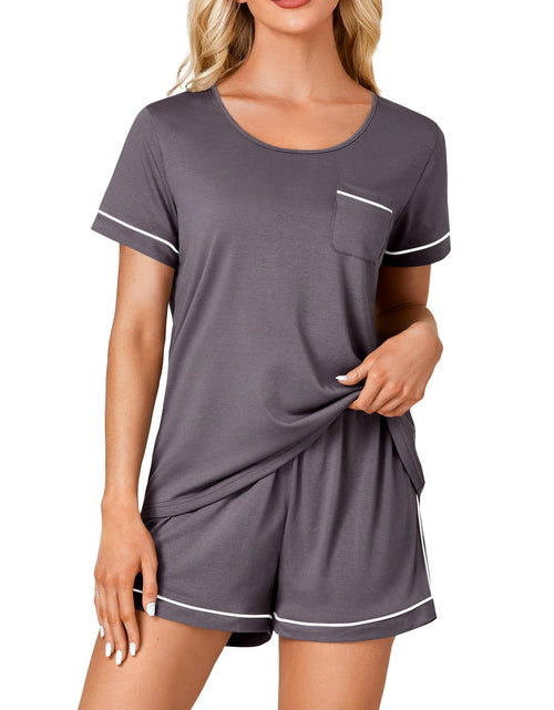 Load image into Gallery viewer, Rooscier Women's Cotton Pajama Set Scoop Neck Pocket Top Shorts Gray Size S
