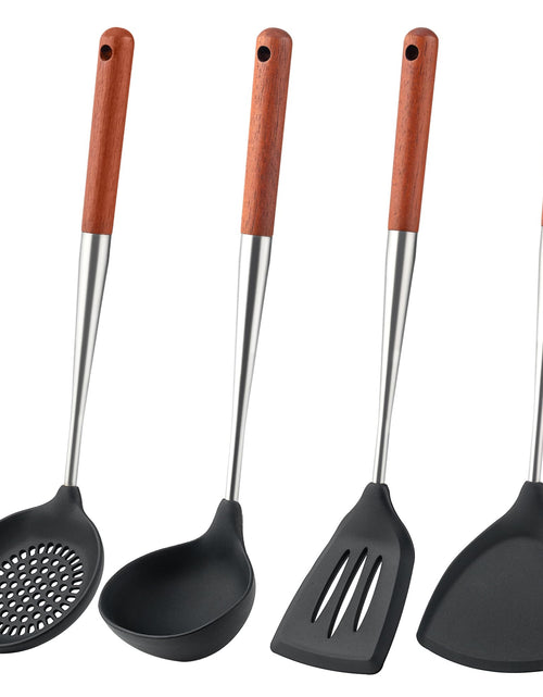Load image into Gallery viewer, FJNATINH Silicone Spatula Turner Ladle Skimmer Set Stainless Steel Wood 4Pc
