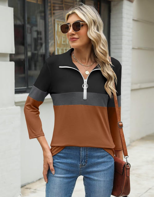 Load image into Gallery viewer, TICTICMISS Women's V Neck 3/4 Sleeve Zipper Polo Shirt Black-Charcoal-Brown L
