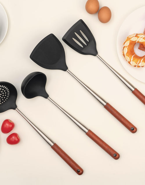 Load image into Gallery viewer, FJNATINH Silicone Spatula Turner Ladle Skimmer Set Stainless Steel Wood 4Pc
