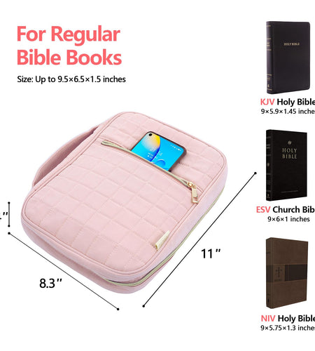 VICUTU Bible Cover Case for Women with Handle Pink Soft Quilted Carrying Bag