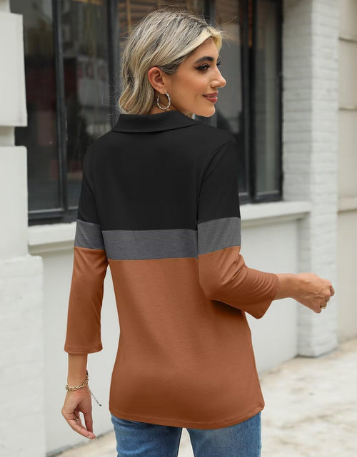 Load image into Gallery viewer, TICTICMISS Women's V Neck 3/4 Sleeve Zipper Polo Shirt Black-Charcoal-Brown L
