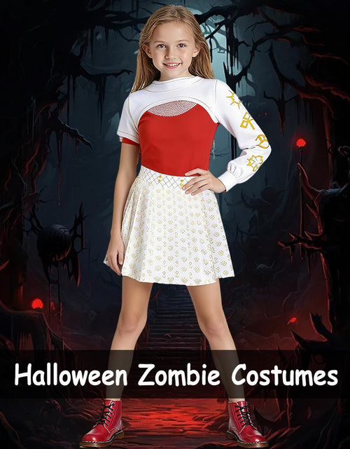 Load image into Gallery viewer, ACLGCSU Girls Zombie Cheerleader Costume 3PCS White Skirt Size 5-6 Years
