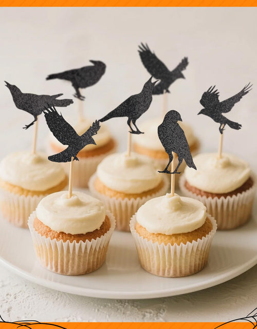Load image into Gallery viewer, GUYI 24 PCS Halloween Crow Cupcake Toppers Horror Picks Cardstock Toothpick
