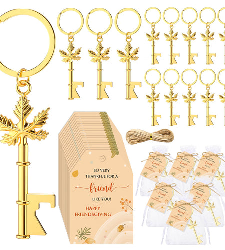 Yiyiring 24 Sets Thanksgiving Party Maple Leaf Keychain Bottle Opener Gold