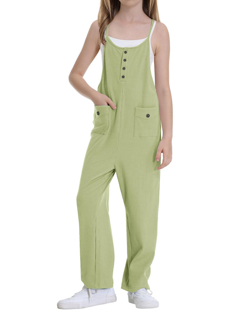 Load image into Gallery viewer, Rolanko Girls Jumpsuit Spaghetti Strap Romper Wide Leg Pockets Green Size 10-11Y
