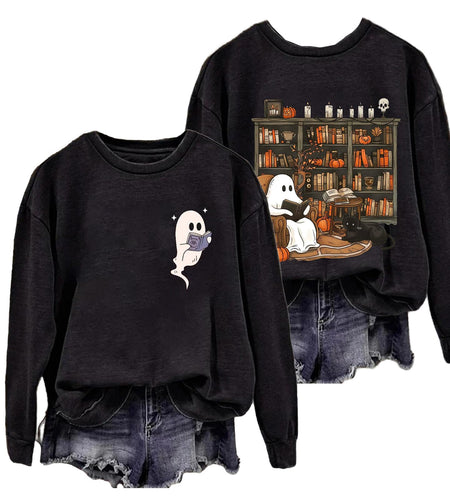 sidupili Halloween Sweatshirt Ghost Reading Books Pullover P4 Size M
