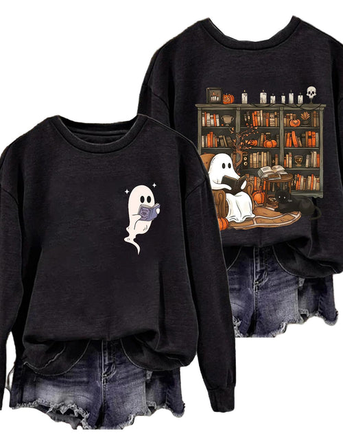 Load image into Gallery viewer, sidupili Halloween Sweatshirt Ghost Reading Books Pullover P4 Size M
