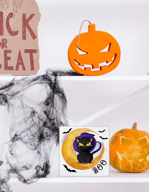 Load image into Gallery viewer, Hijie Halloween Black Cat Bat Wooden Sign Decor 5x5 Inches Indoor
