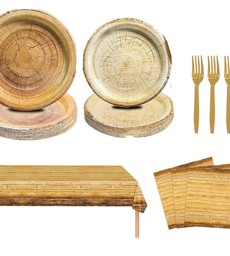 Generic Rustic Wood Grain Party Supplies 69pcs Plates Napkins Tablecloth Cutlery