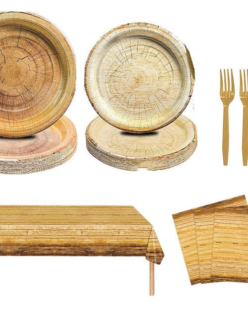 Load image into Gallery viewer, Generic Rustic Wood Grain Party Supplies 69pcs Plates Napkins Tablecloth Cutlery
