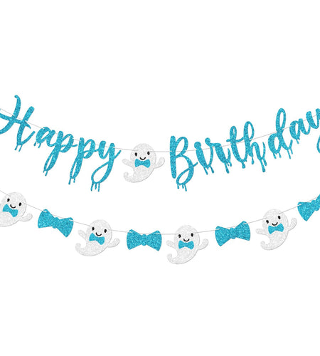 Vofrise Blue Halloween Birthday Banner Glitter Bow Tie Ghost Garland