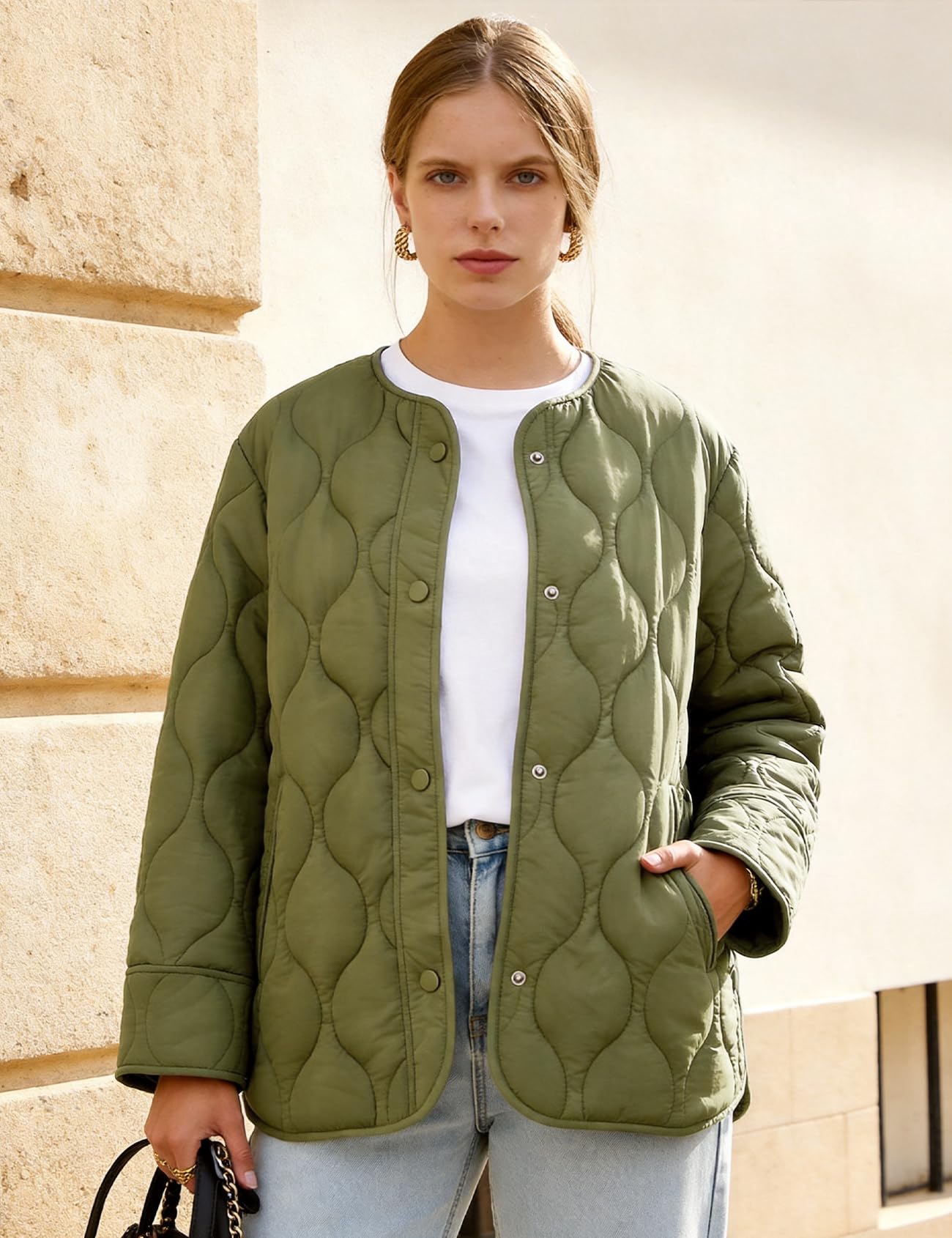 Flygo Women's Oversized Quilted Lightweight Puffer Jacket Green Size L