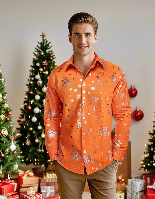 Load image into Gallery viewer, DiBanGu Mens Christmas Long Sleeve Button Down Shirt Orange Silver Size XX-Large
