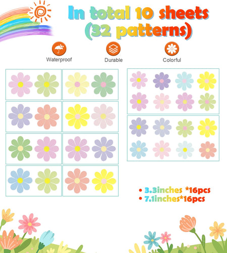 Rapid Decor 32 Pcs Danish Pastel Waterproof Removable Flower Wall Decals