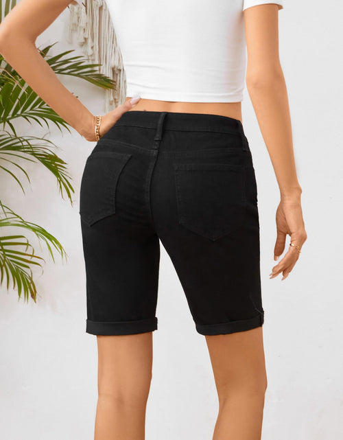 Load image into Gallery viewer, OFLUCK Women's Mid Rise Roll Cuff Stretch Denim Bermuda Shorts Dark Blue Size 10
