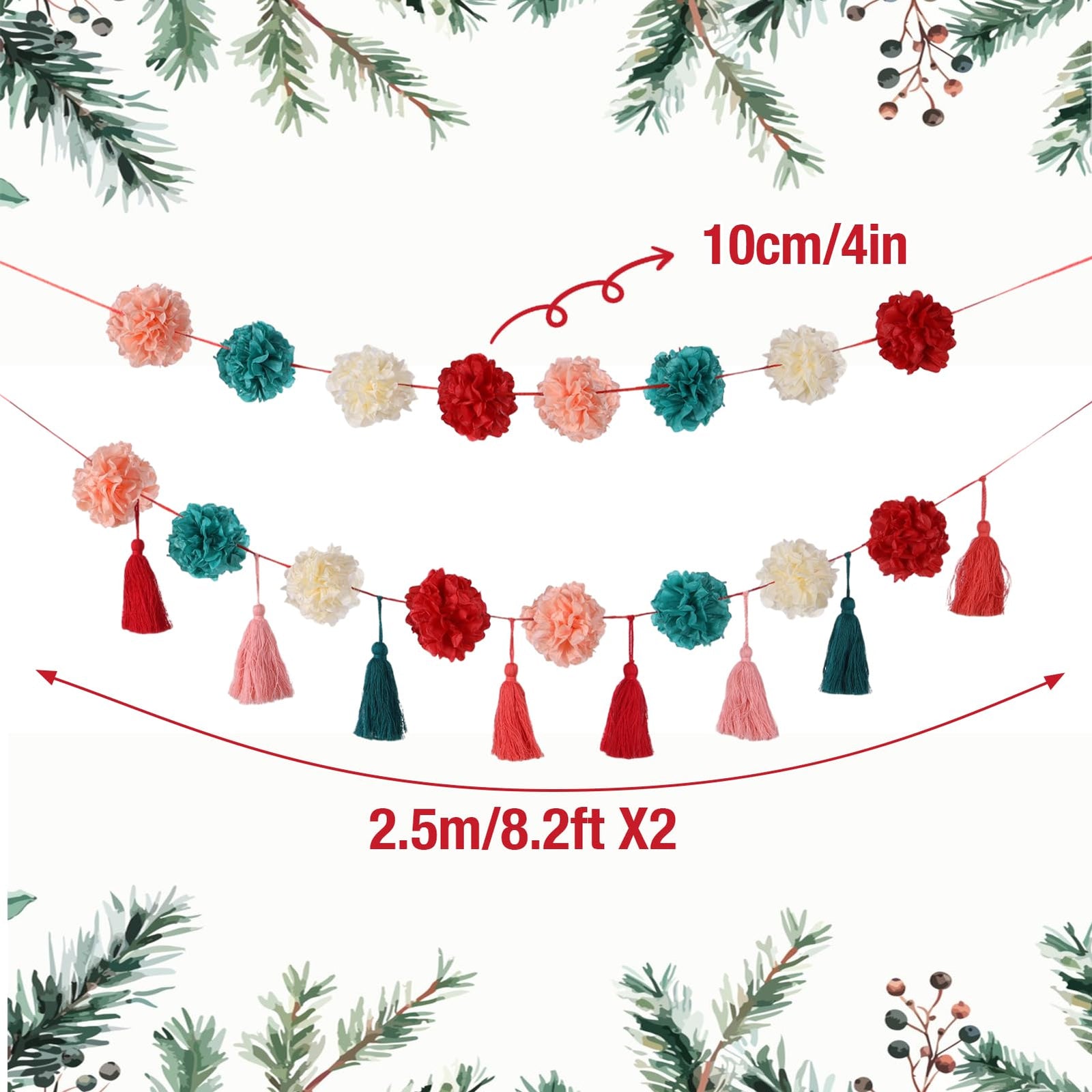 OBBOLO Tissue Paper Pompom Garland with Cotton Tassels 2 Pcs Red Green Pink