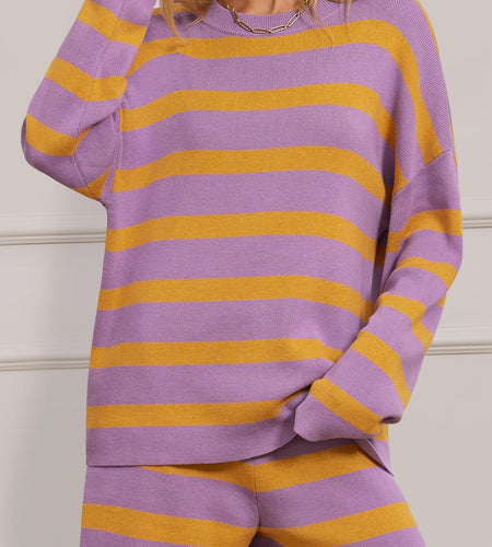MEROKEETY Women's 2 Piece Sweater Set Striped Long Sleeve Shorts Purple Size S
