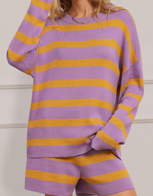 Load image into Gallery viewer, MEROKEETY Women's 2 Piece Sweater Set Striped Long Sleeve Shorts Purple Size S
