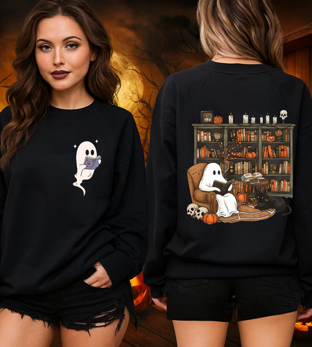 sidupili Halloween Sweatshirt Ghost Reading Books Pullover P4 Size M