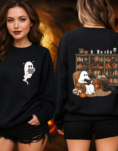 Load image into Gallery viewer, sidupili Halloween Sweatshirt Ghost Reading Books Pullover P4 Size M
