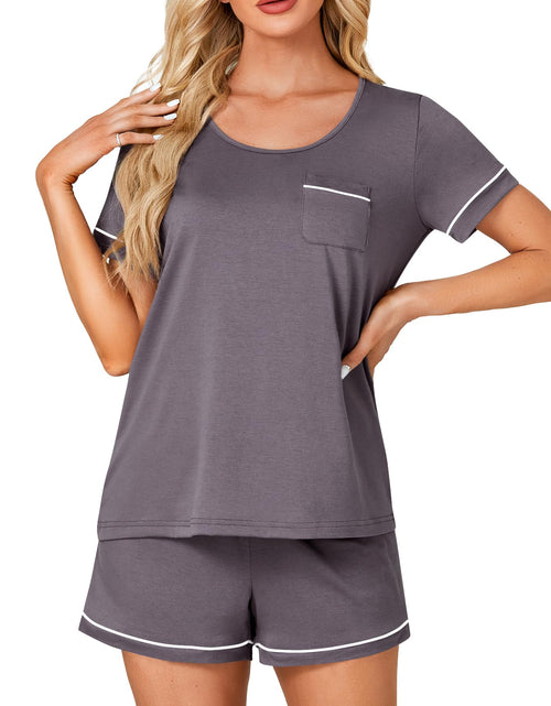 Load image into Gallery viewer, Rooscier Women's Cotton Pajama Set Scoop Neck Pocket Top Shorts Gray Size S
