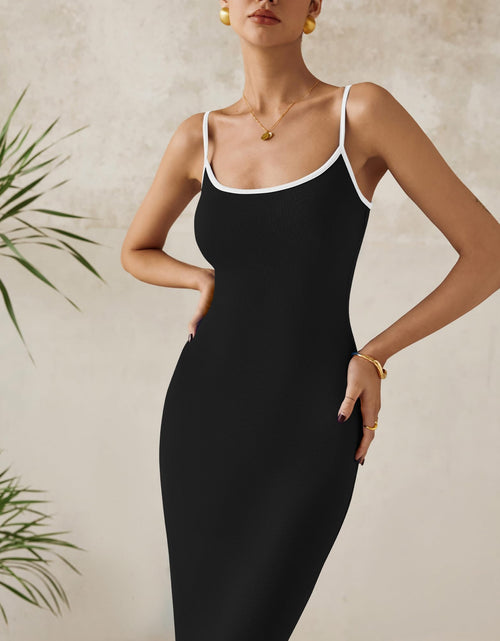 Load image into Gallery viewer, dowerme Women's Summer Bodycon Dress Spaghetti Straps Scoop Neck Black White XXL
