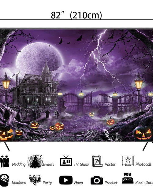 Load image into Gallery viewer, Halloween Backdrop Banner Scary Castle Cemetery Purple Full Moon 7x5Ft
