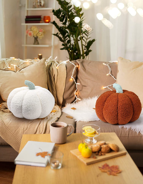 Load image into Gallery viewer, Queekay 2 Pc Pumpkin Plush Pillow 11x9.5in Brown Fall Thanksgiving Decor
