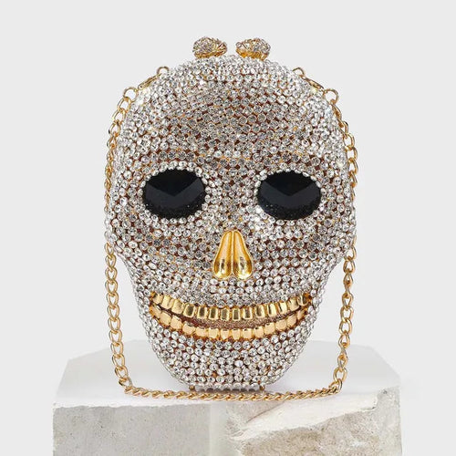 Load image into Gallery viewer, Diamond Halloween Skull Head Clutch Bags Women Rhinestone Evening Purse Wedding Handbags Crystal Chain Gold Silver Day Clutches
