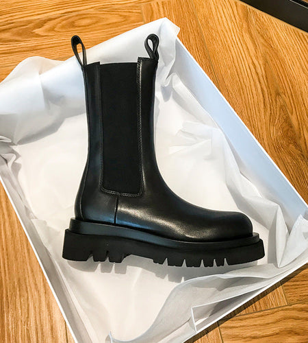 Women’s British-Style Mid-Calf Thick-Soled Leather Boots