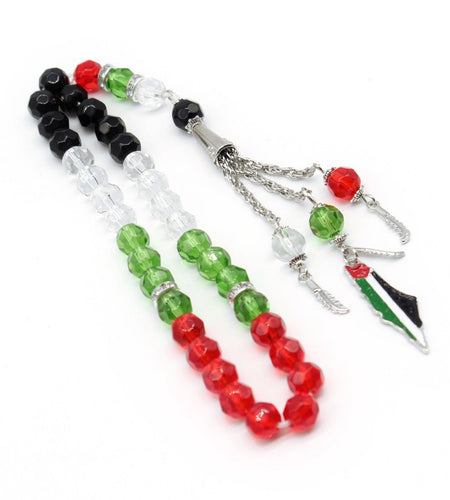 33 prayer beads in Palestinian flag colored crystal glass