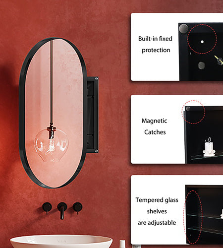 20x34 inch oval embedded medicine cabinet, metal frame bathroom cabinet with mirror and adjustable shelf matte black