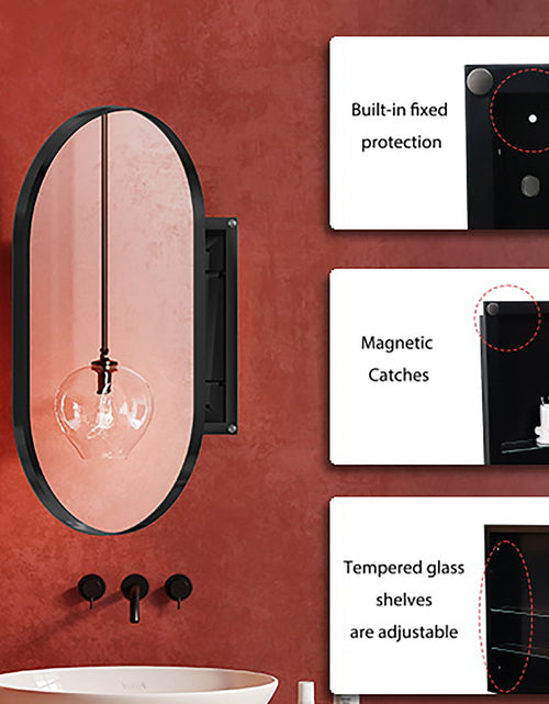Load image into Gallery viewer, 20x34 inch oval embedded medicine cabinet, metal frame bathroom cabinet with mirror and adjustable shelf matte black
