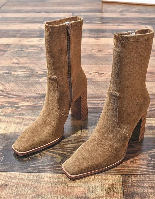 Load image into Gallery viewer, Square Toe Fleece-Lined French Boots – Chunky Heel Winter Style
