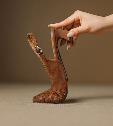 Women's Handmade Suede Woven Slingback Block Heel Sandals, Square-Toe Buckle Dress Shoes