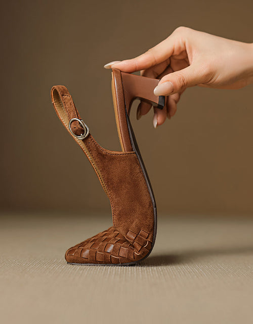 Load image into Gallery viewer, Women's Handmade Suede Woven Slingback Block Heel Sandals, Square-Toe Buckle Dress Shoes
