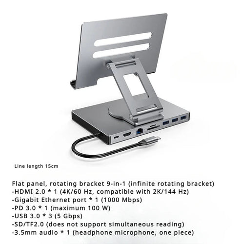 Load image into Gallery viewer, 4K/60Hz Gigabit Ethernet Port USB 3.0 Splitter Hub Converter Flat Panel Rotary Stand Type-c Docking Station

