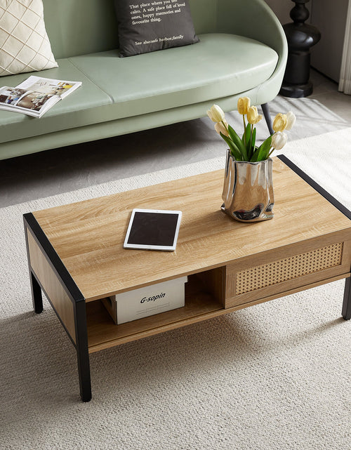 Load image into Gallery viewer, 40.16" Rattan Coffee table, sliding door for storage, metal legs, Modern table for living room , natural
