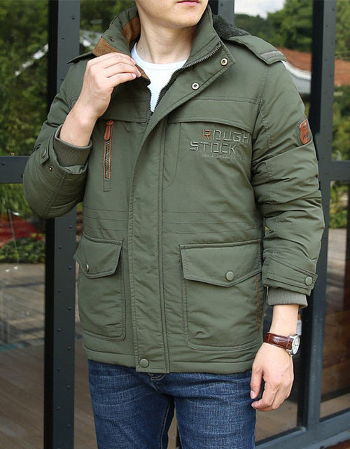 Load image into Gallery viewer, Winter men's thick cotton jacket with added fleece medium to long length warm plus large size multi pocket cotton jacket
