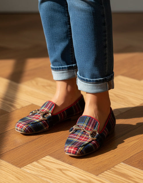 Load image into Gallery viewer, Women's Plaid Square Toe Flats – Buckle Casual Shoes in Red &amp; Blue
