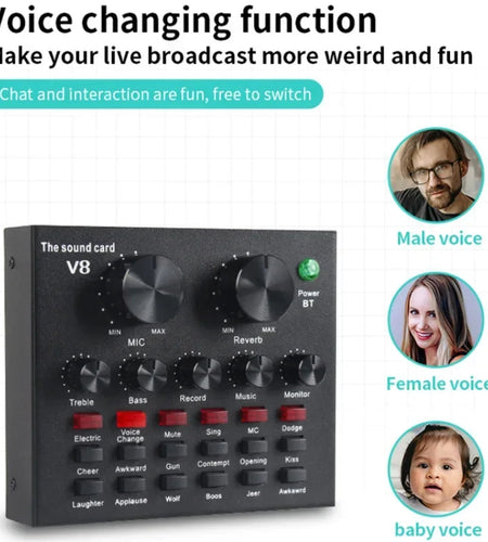 V8 Professional Sound Card Streaming Live Broadcast Podcast Recording Studio Equipment Voice Changer Audio Interface SoundCard