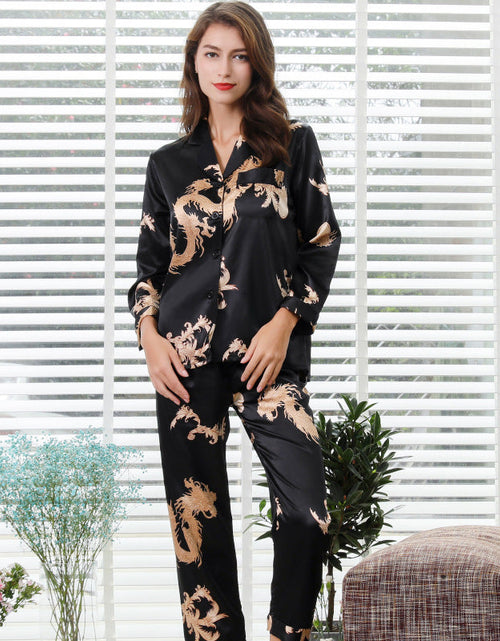 Load image into Gallery viewer, Simulated silk couple sleepwear new long sleeved set men's and women's V-neck silk printed dragon and phoenix home clothes
