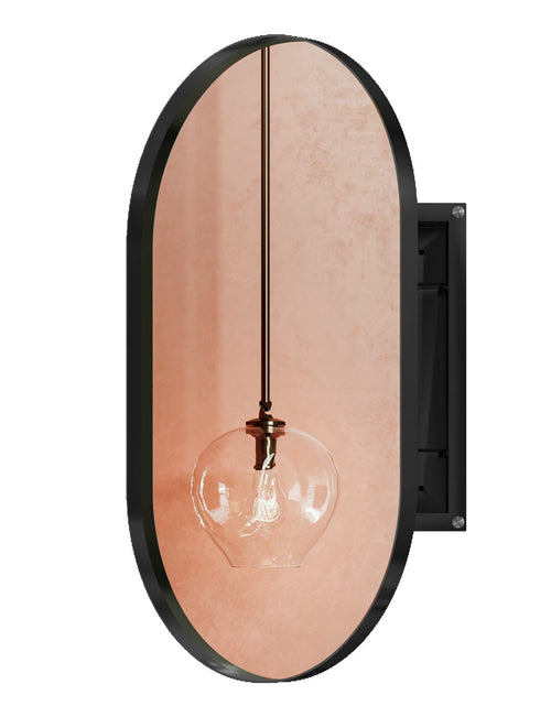 Load image into Gallery viewer, 20x34 inch oval embedded medicine cabinet, metal frame bathroom cabinet with mirror and adjustable shelf matte black
