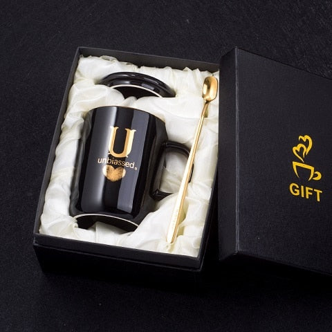 Load image into Gallery viewer, 400ml Creative Gold Finger Printing Black Ceramic Coffee Mug Tea Cup With Gold Handle As Gift With Lid And Spoon
