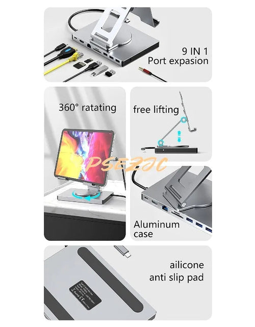 Load image into Gallery viewer, 4K/60Hz Gigabit Ethernet Port USB 3.0 Splitter Hub Converter Flat Panel Rotary Stand Type-c Docking Station
