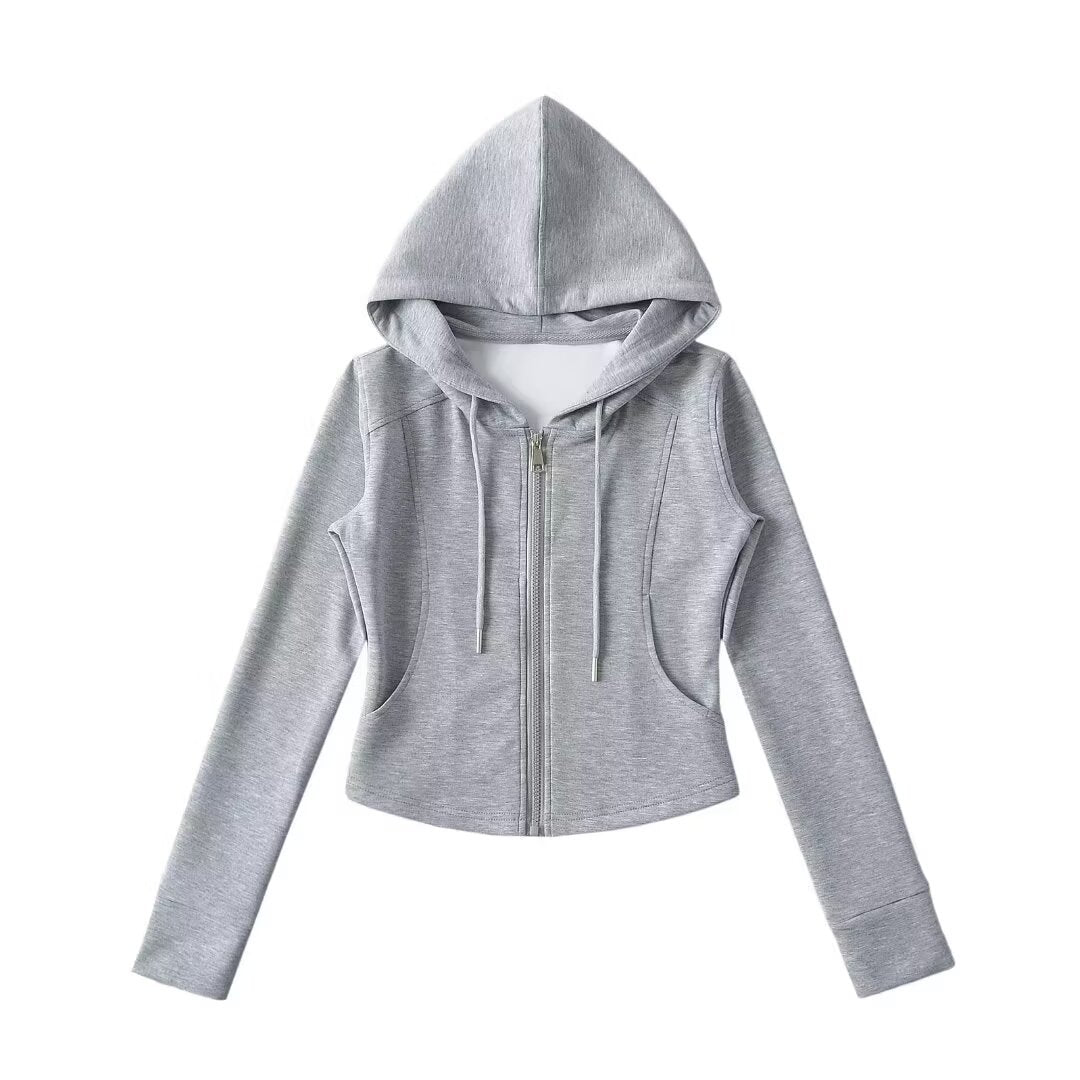 Drawstring hooded zipper long sleeved slim fit hoodie