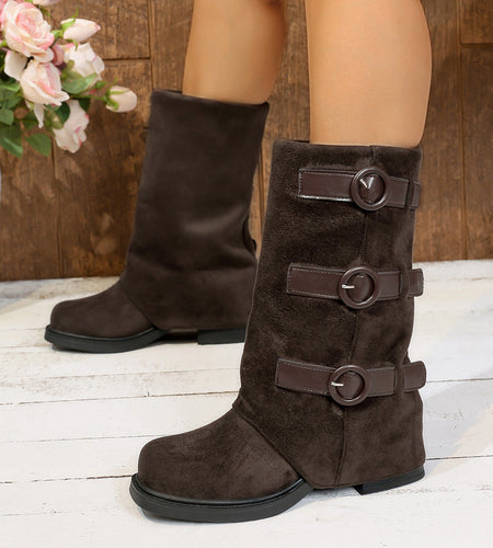 Women’s Vintage Suede Belt-Buckle Pantyhose Boots — Slim Fit Stretch Style