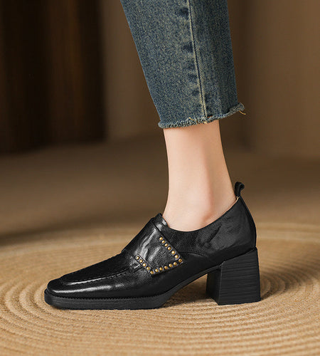 Women's British Style Square Toe Chunky Heel Pumps – Deep Vamp Studded